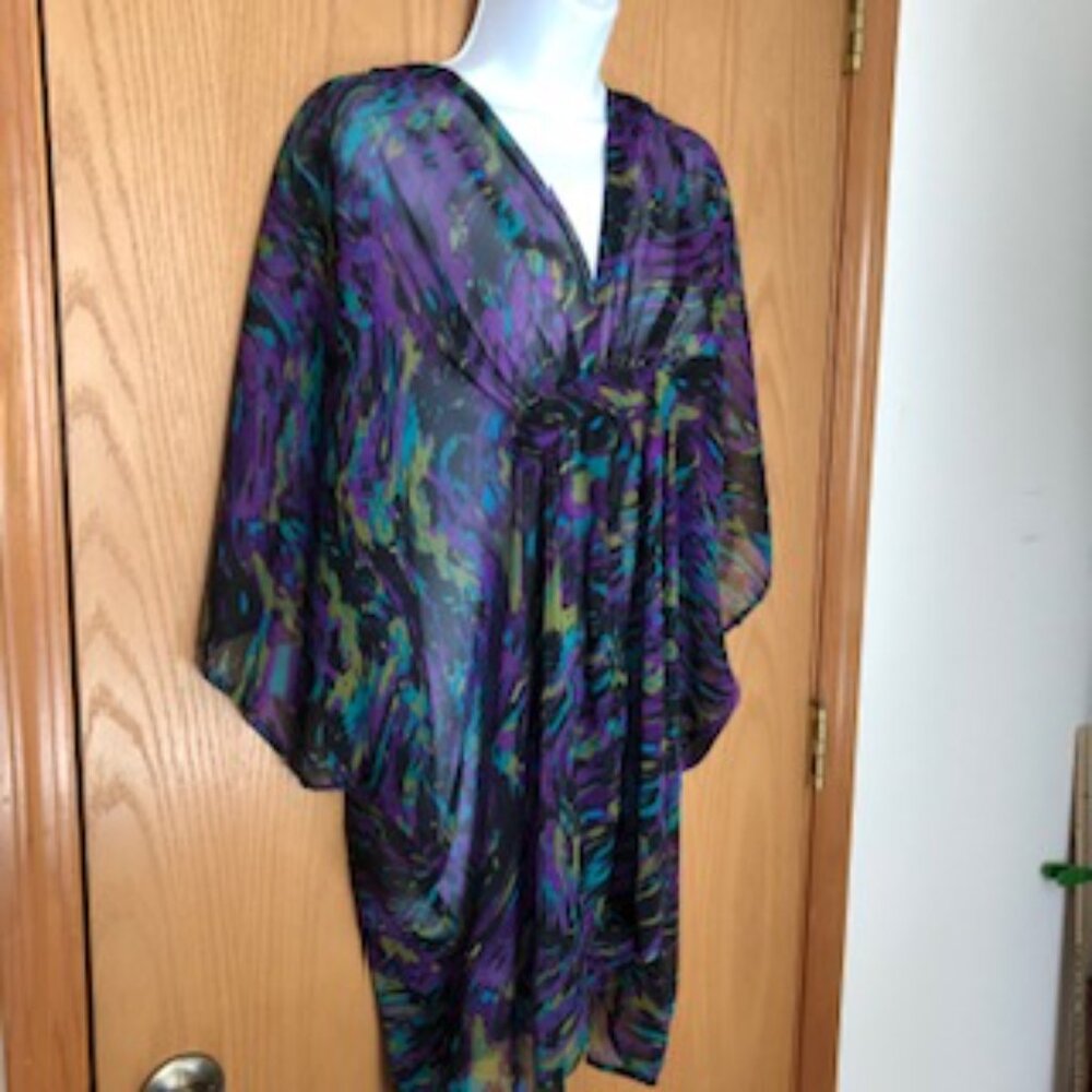 Elena Solano Plus Sheer Blouse Tunic Coverup 3X XXXL Batwing Sleeves Deep V Neck